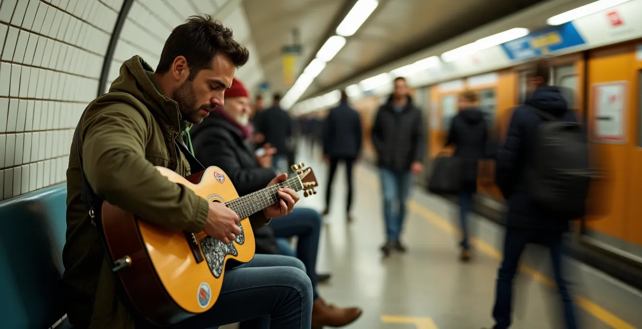 Musicien jouant de la guitare dans un couloir du métro parisien avec des passants en arrière-plan flou
