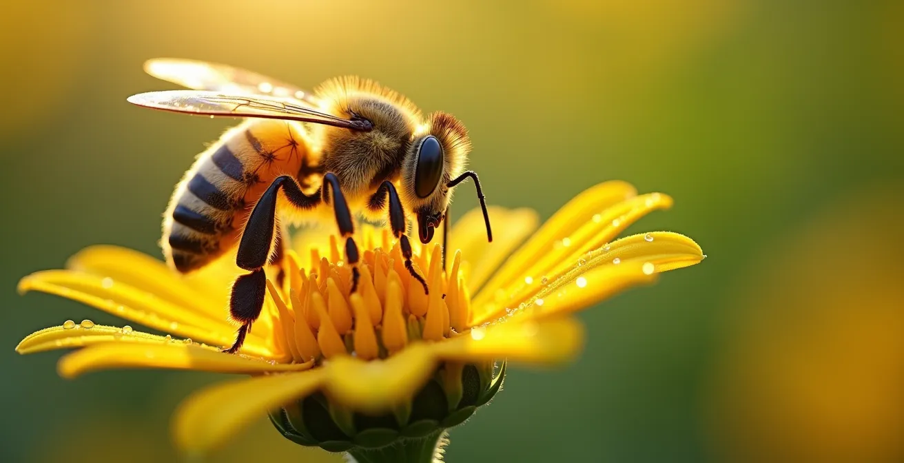 Détail macro de la biodiversité cachée du jardin des Tuileries avec abeille sur fleur sauvage