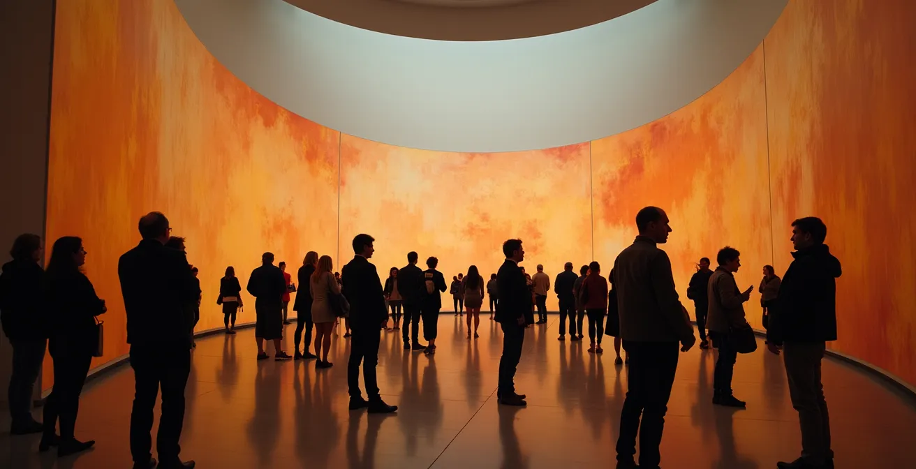 Visiteurs contemplant les Nymphéas dans une salle ovale baignée de lumière naturelle