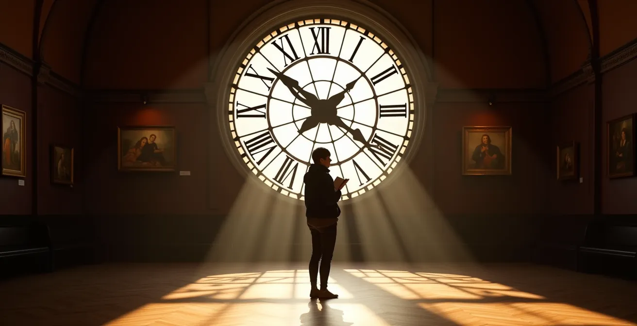 Visiteur analysant une œuvre impressionniste au musée d'Orsay avec éclairage naturel