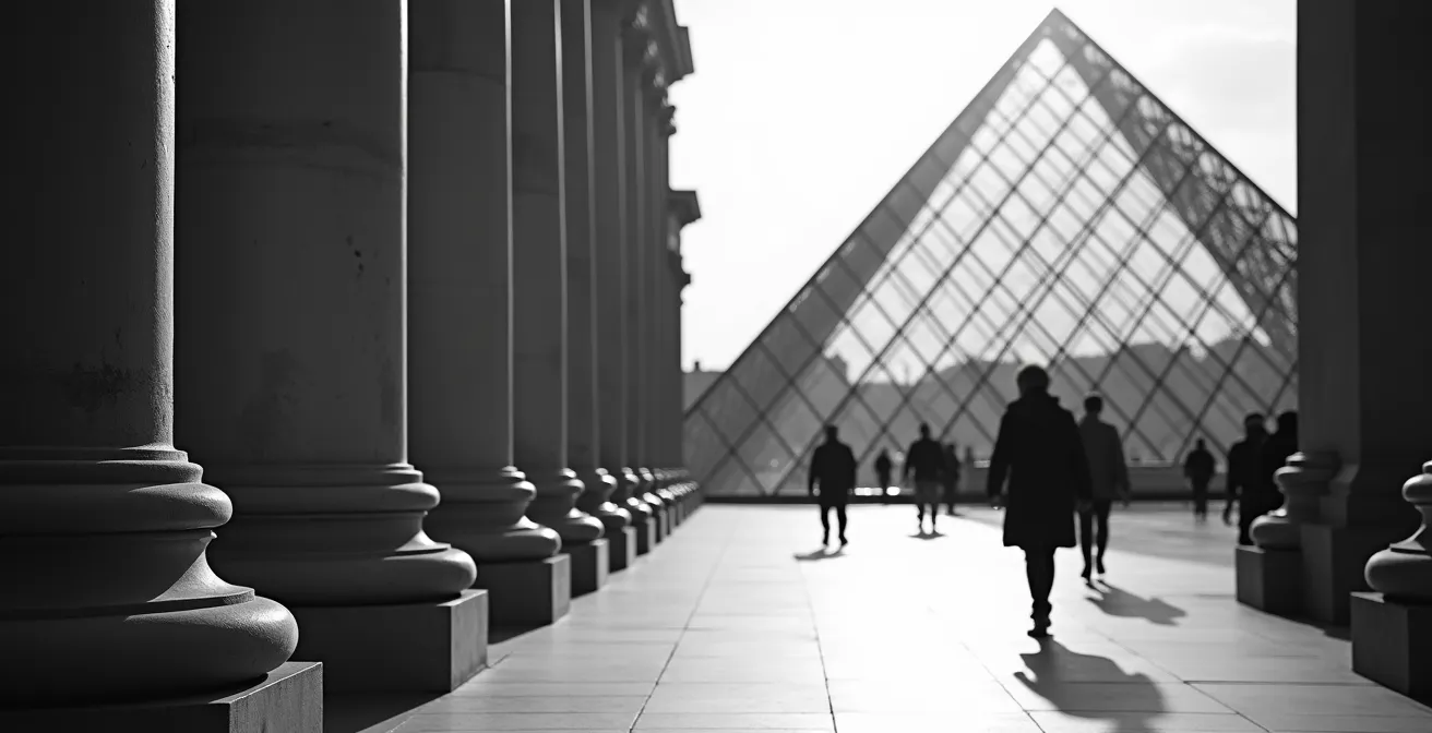 Contraste architectural entre colonnade classique et pyramide de verre moderne au Louvre