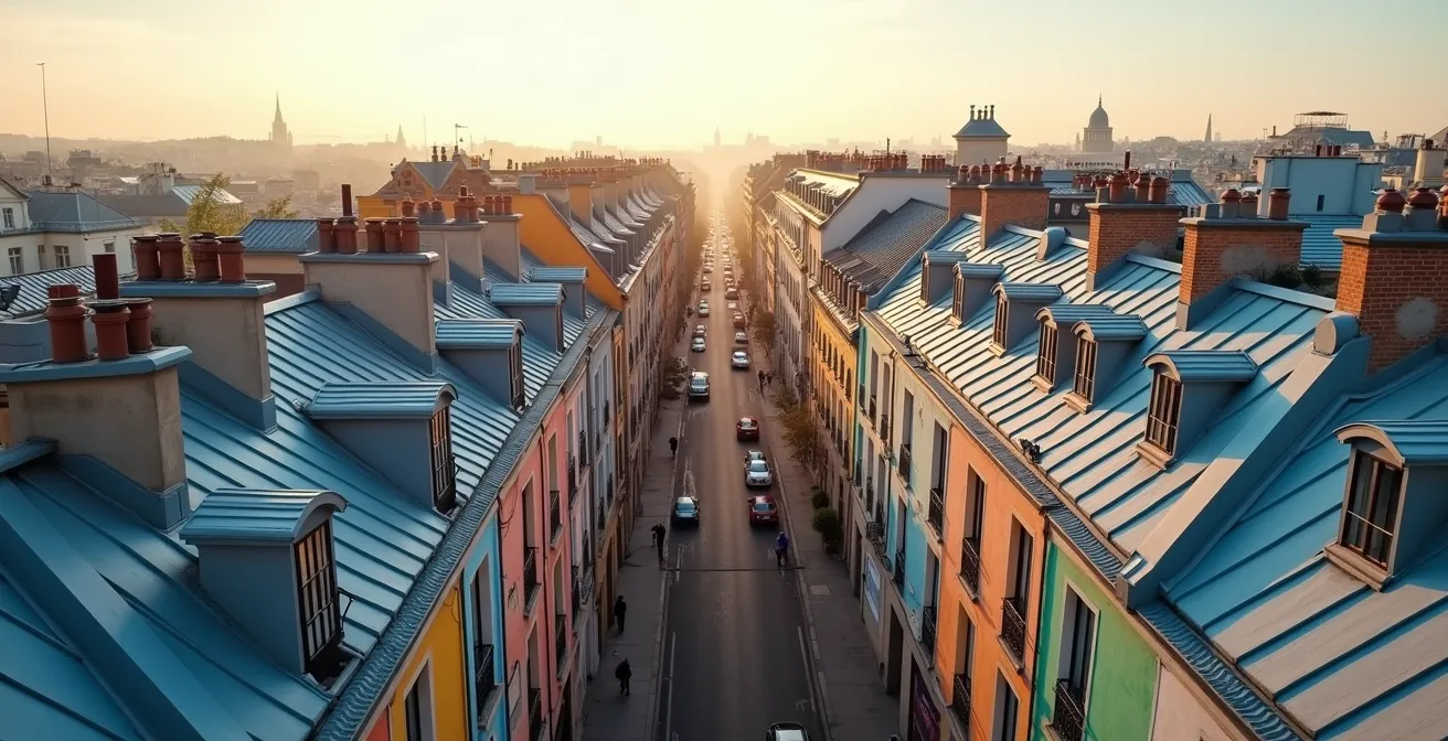 Vue aérienne du 13e arrondissement de Paris montrant les immenses fresques colorées sur les façades d'immeubles