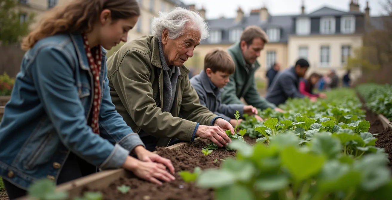 Vue aérienne d'un jardin partagé parisien avec participants de différentes générations