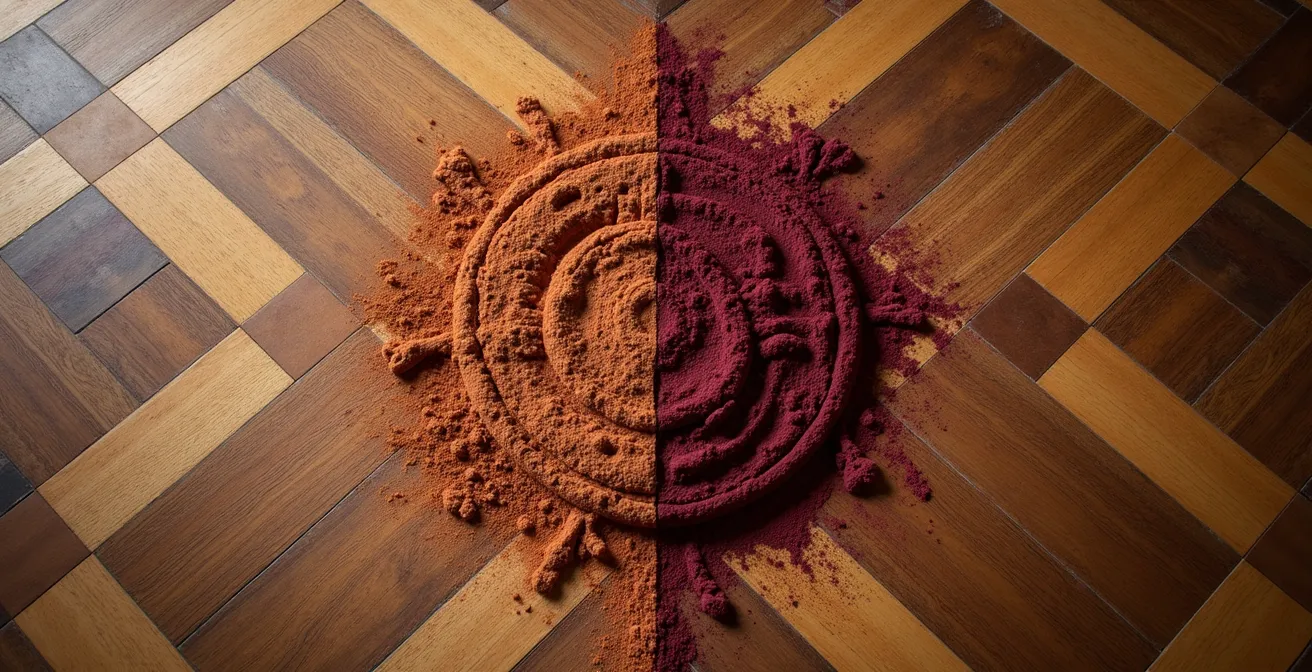 Vue détaillée d'une tache sur parquet ancien avec application de terre de Sommières