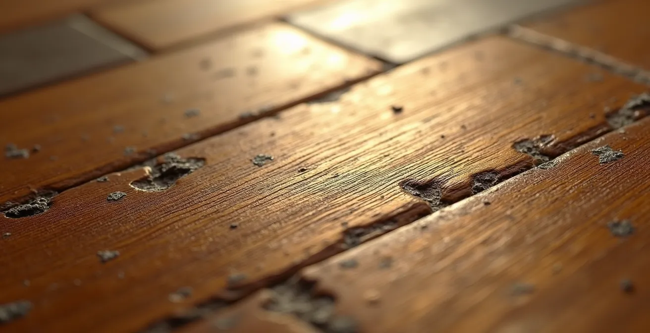 Texture macro de la patine naturelle d'un parquet en chêne ancien montrant les nuances de couleur et l'usure du temps