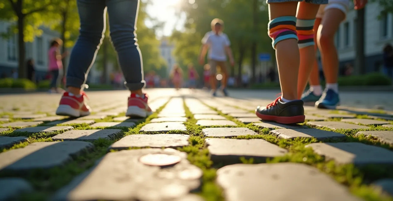 Pavés drainants avec joints végétalisés dans une cour d'école parisienne moderne