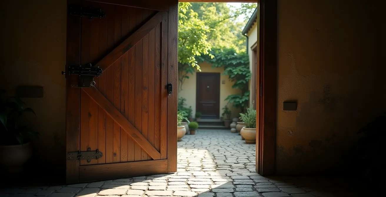 Vue à travers une porte cochère entrouverte révélant une cour pavée secrète avec végétation