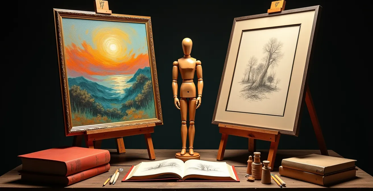 Métaphore visuelle de la transformation artistique de Renoir avec pinceaux et pigments