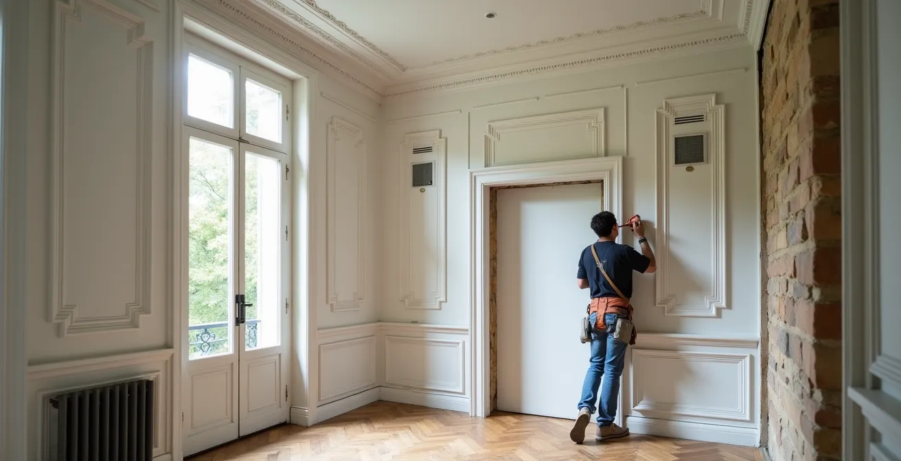 Intérieur d'appartement haussmannien rénové mêlant moulures d'époque préservées et équipements modernes intégrés discrètement