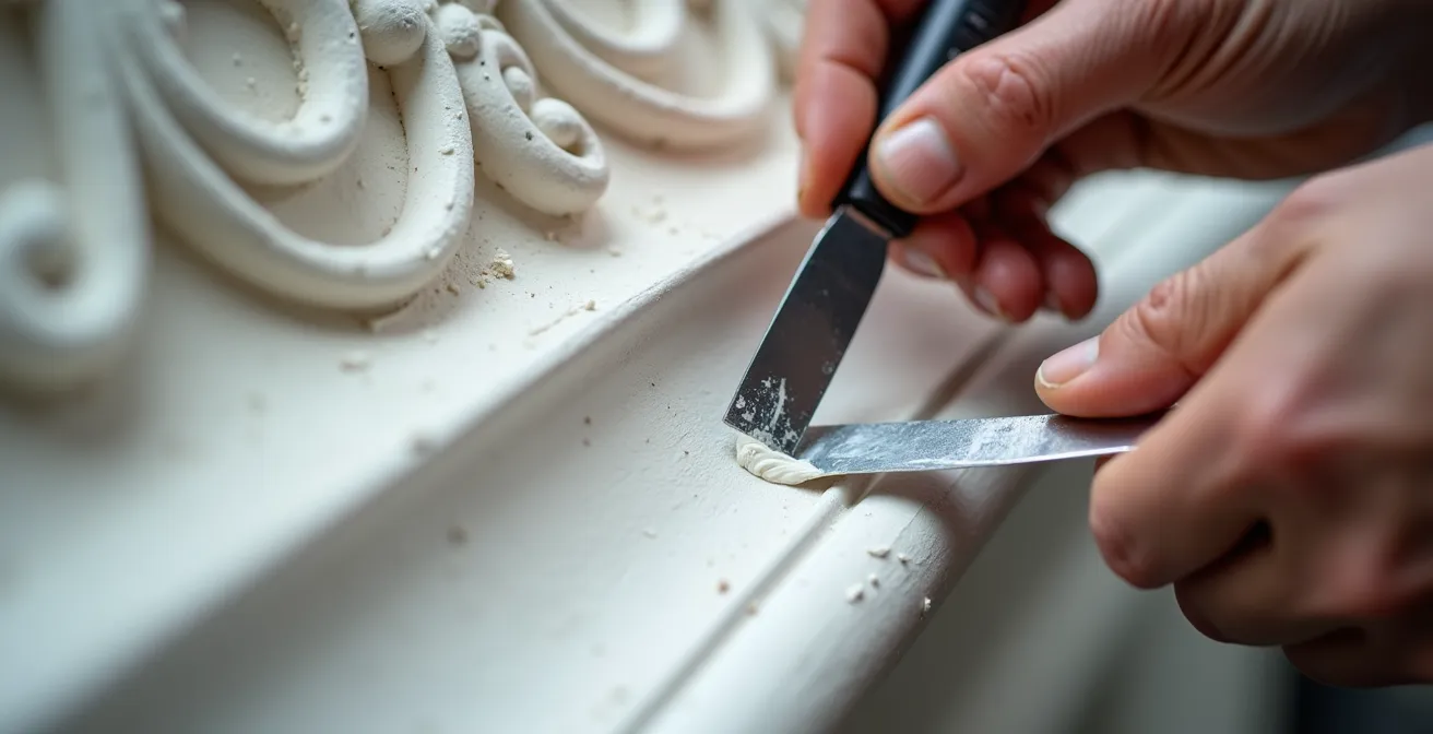 Vue macro d'une main d'artisan appliquant délicatement du plâtre sur une moulure ancienne