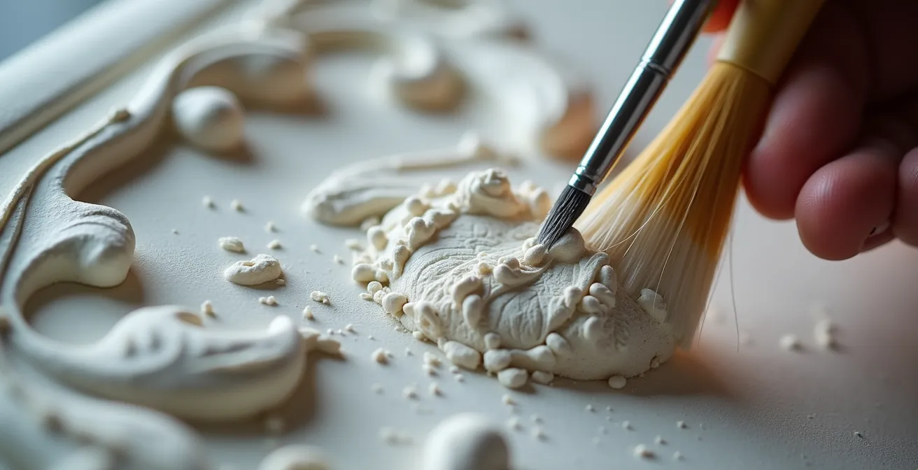 Gros plan macro sur une moulure en cours de restauration avec outils de précision