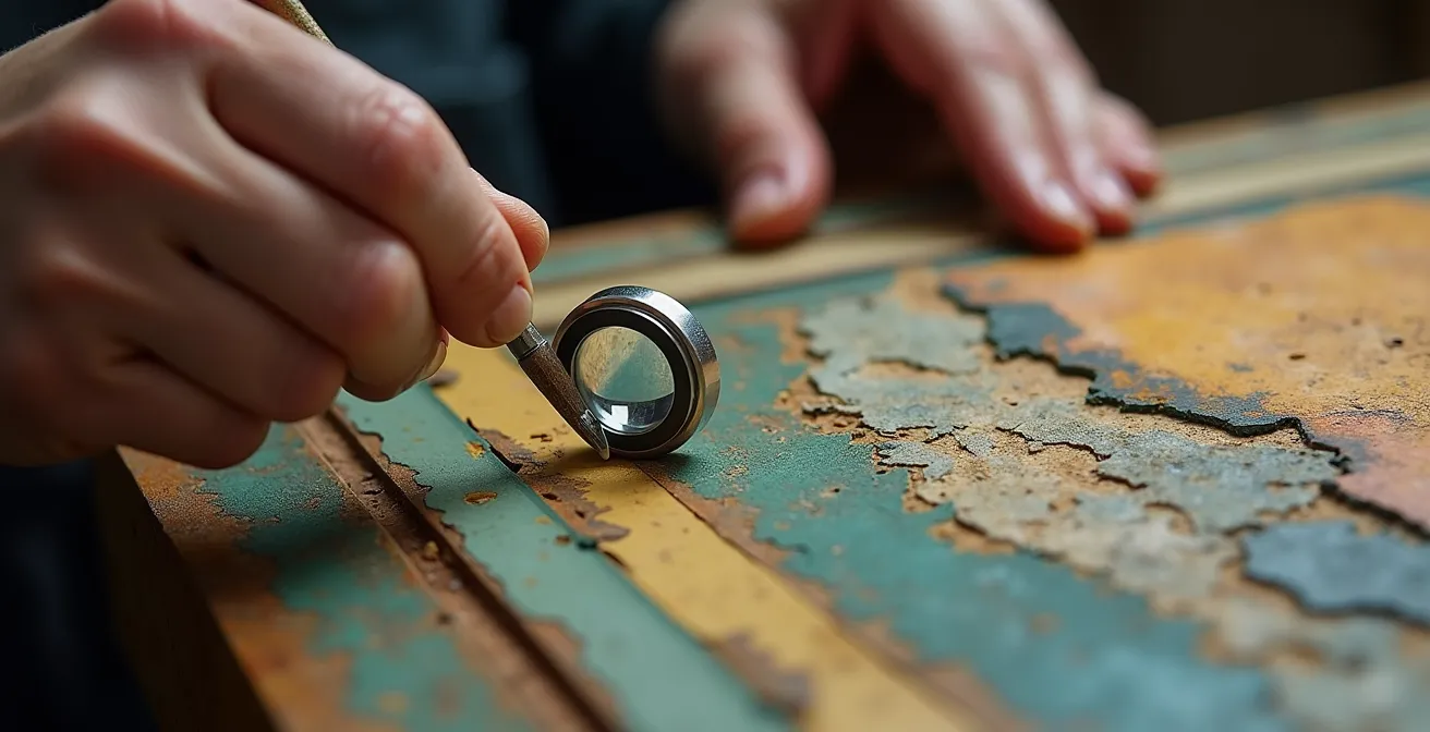 Restauratrice analysant un tableau ancien au microscope dans un atelier parisien