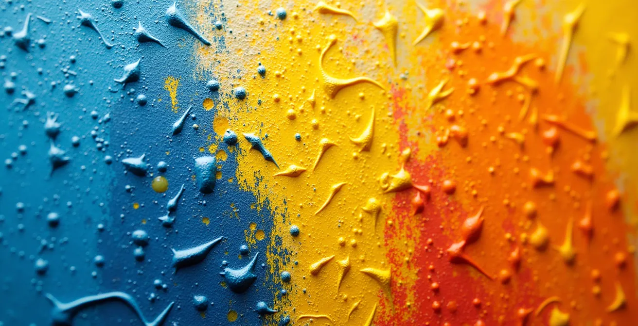 Détail macro d'une toile impressionniste montrant la technique de la touche divisée et les couleurs pures