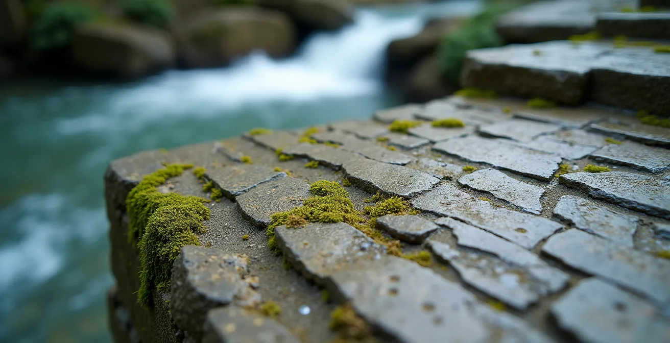 Détail macro des faux rochers en béton sculpté du parc, montrant la texture artisanale du travail des rocailleurs