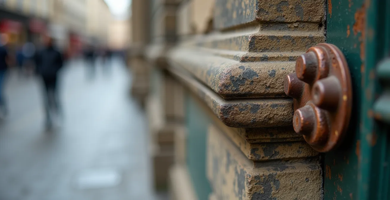 Coin de rue parisien avec plaque de rue ancienne et détails architecturaux historiques