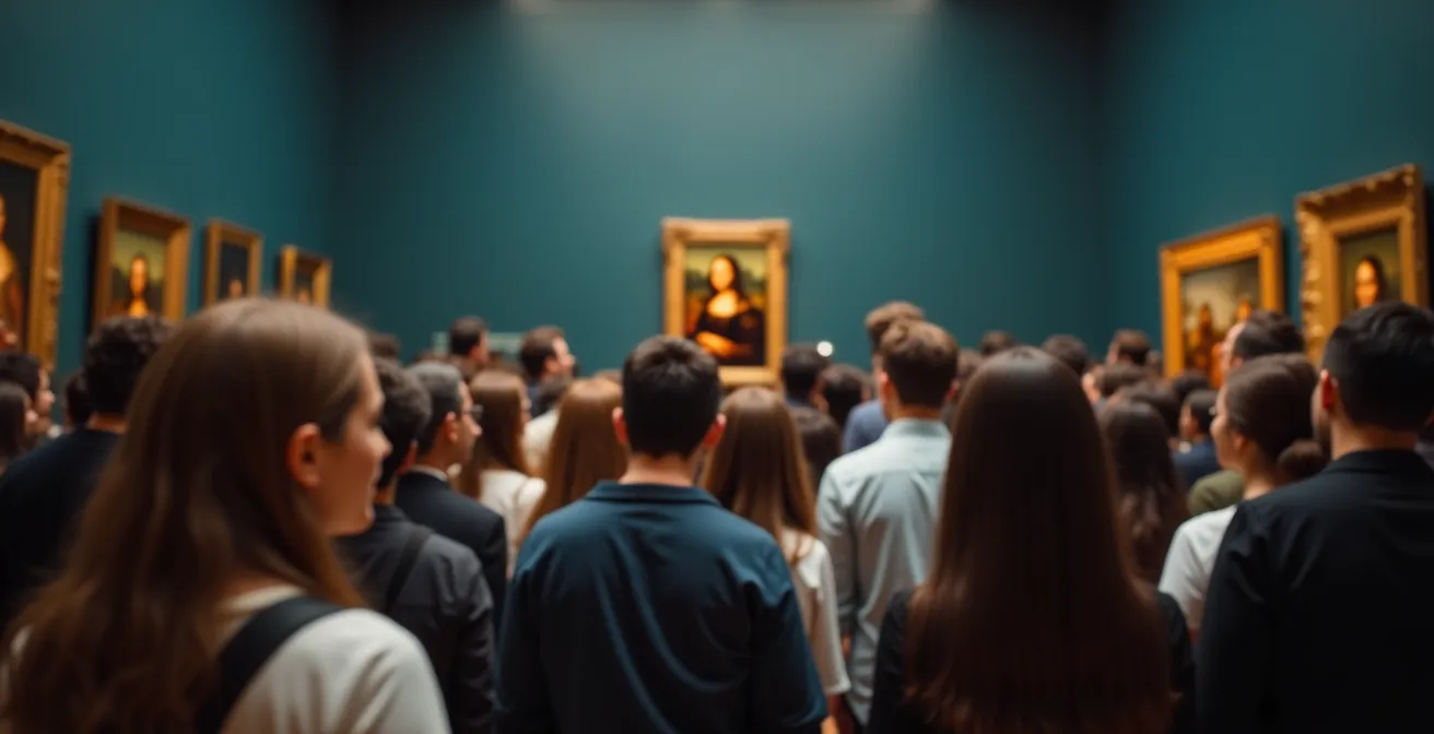 Vue large de la Salle des États du Louvre montrant l'affluence des visiteurs autour de la Joconde
