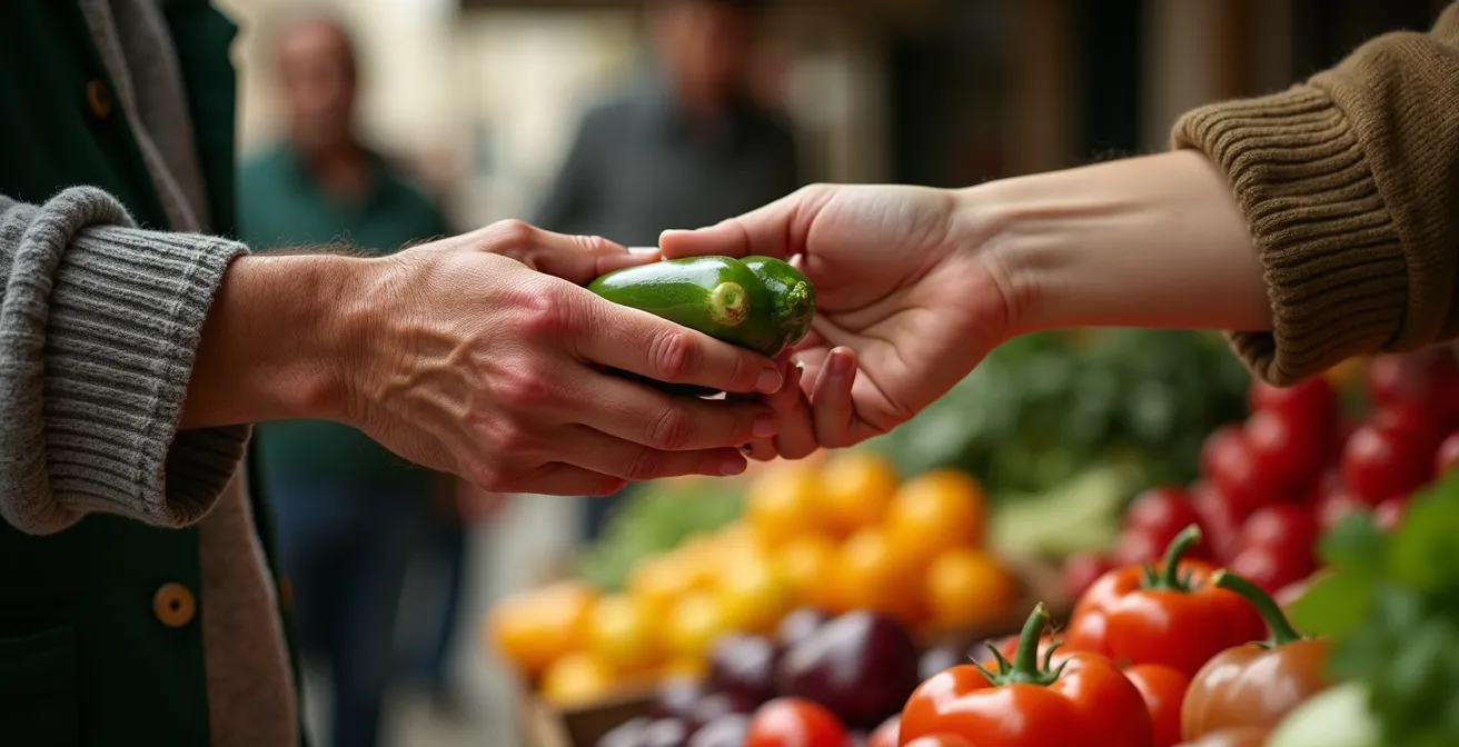 Main tendue d'un maraîcher présentant des légumes frais à un client sur un marché parisien