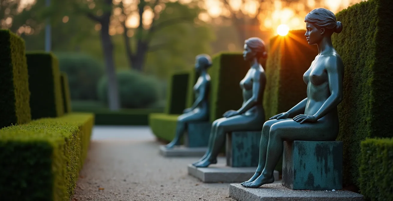 Sculptures en bronze d'Aristide Maillol disposées dans les allées géométriques du jardin du Carrousel