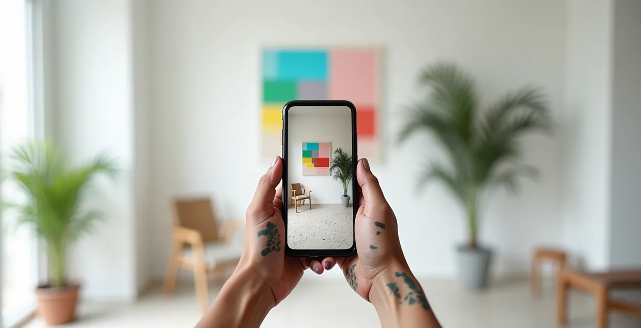 Mains d'artiste tenant un smartphone montrant un feed artistique coloré