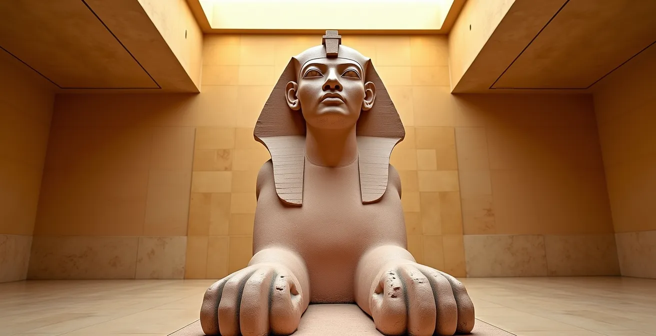 Le Grand Sphinx de Tanis dans la lumière dorée du Louvre avec perspective monumentale