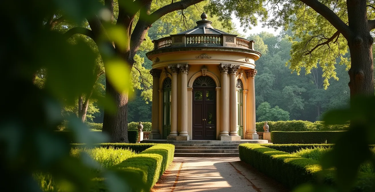 Détail architectural du théâtre Marigny niché dans la verdure des jardins des Champs-Élysées