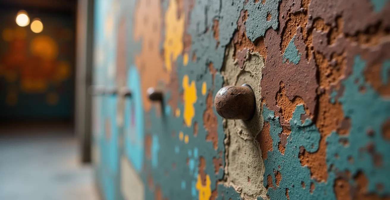 Espace industriel reconverti en lieu culturel avec architecture brute et installations artistiques