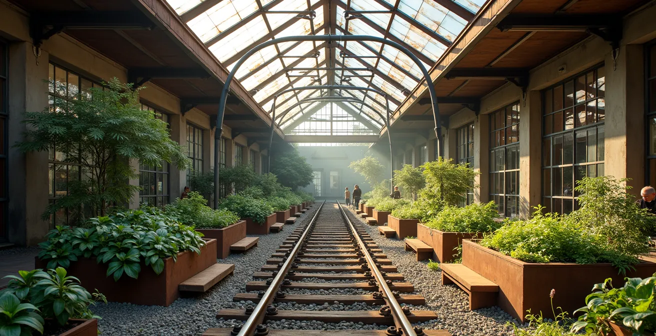 Espace collaboratif dans un tiers-lieu parisien avec jardins urbains et ateliers partagés