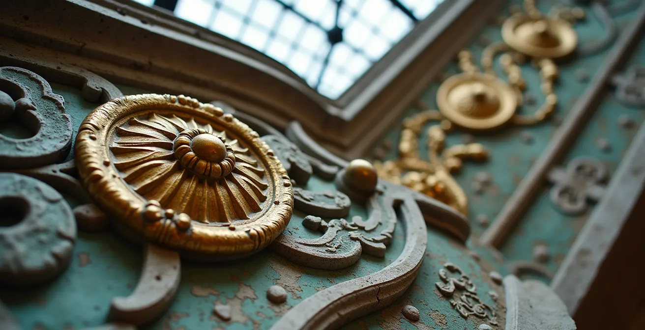 Intérieur majestueux avec verrière monumentale, structure métallique apparente et ornementations Beaux-Arts dans un espace muséal