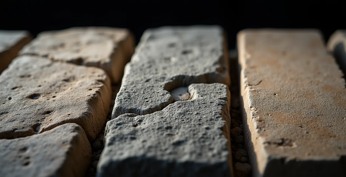 Détail macro de différents types de pavés parisiens montrant les textures du grès, du granit et du calcaire