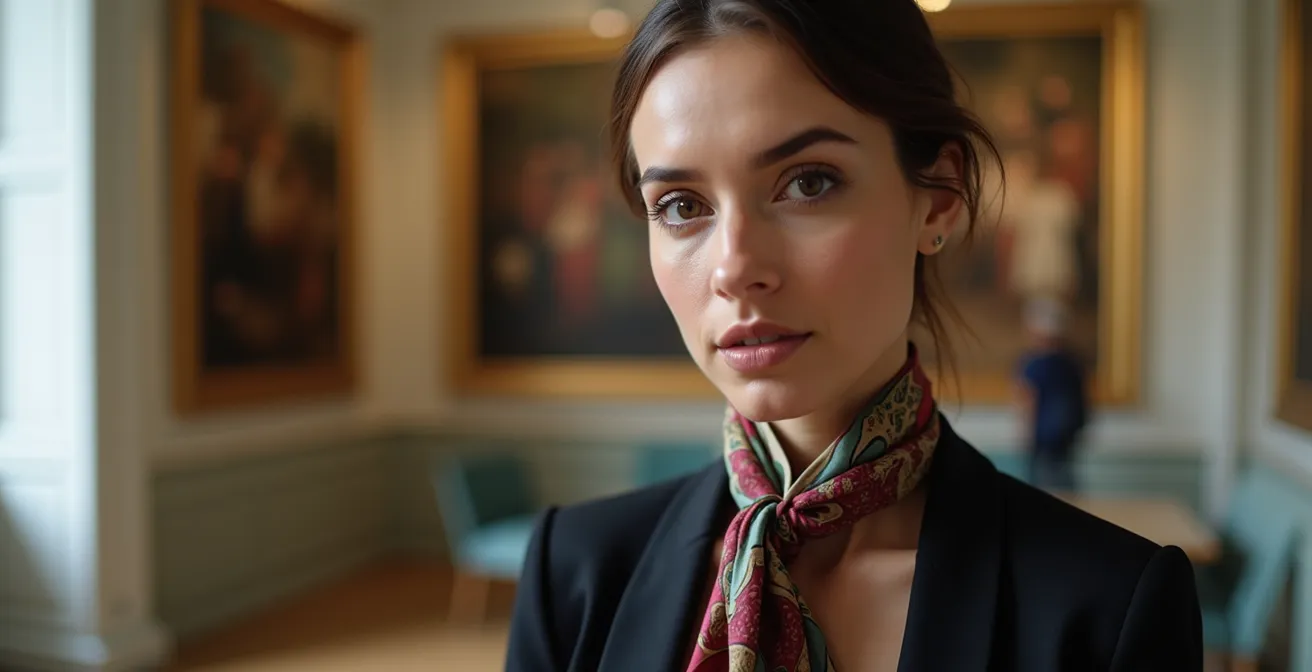 Portrait rapproché d'une personne élégante en tenue noire avec écharpe colorée dans une galerie d'art