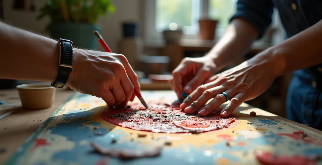Gros plan sur des mains d'artiste travaillant sur une œuvre dans un atelier parisien