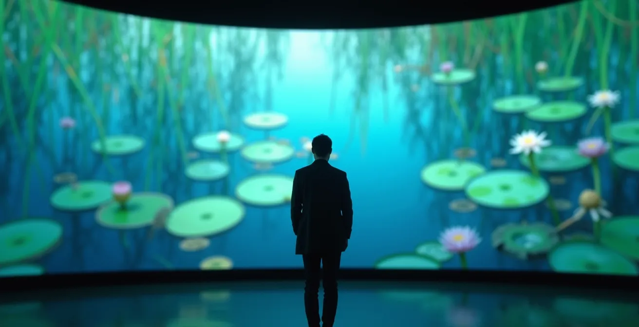 Visiteur solitaire en méditation devant les Nymphéas baignés de lumière naturelle