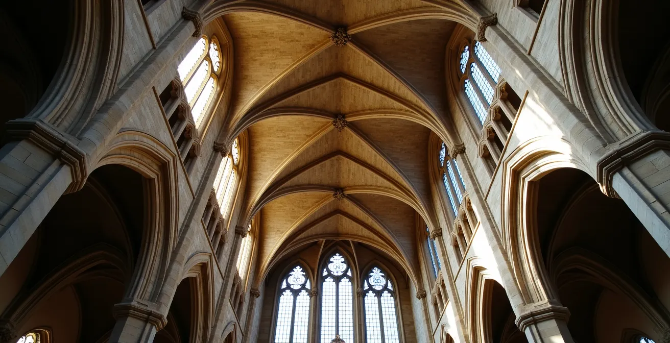 Vue des voûtes gothiques de Notre-Dame en cours de restauration avec éclairage dramatique